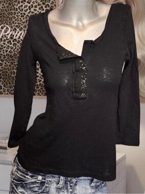 Old Navy Vintage Y2K Sequin-Detail Henley Top Semi-Sheer